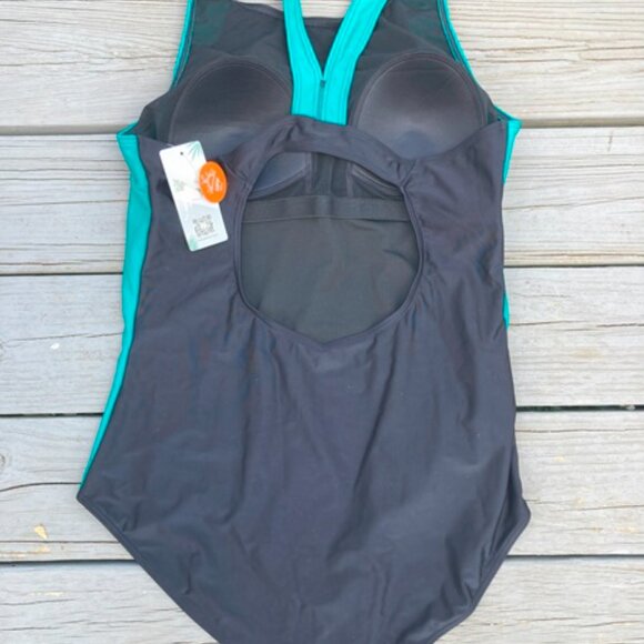 NWT- One Piece Athletic Lap Swimming Competition Racing Swimsuit- Black and Teal - Picture 3 of 9